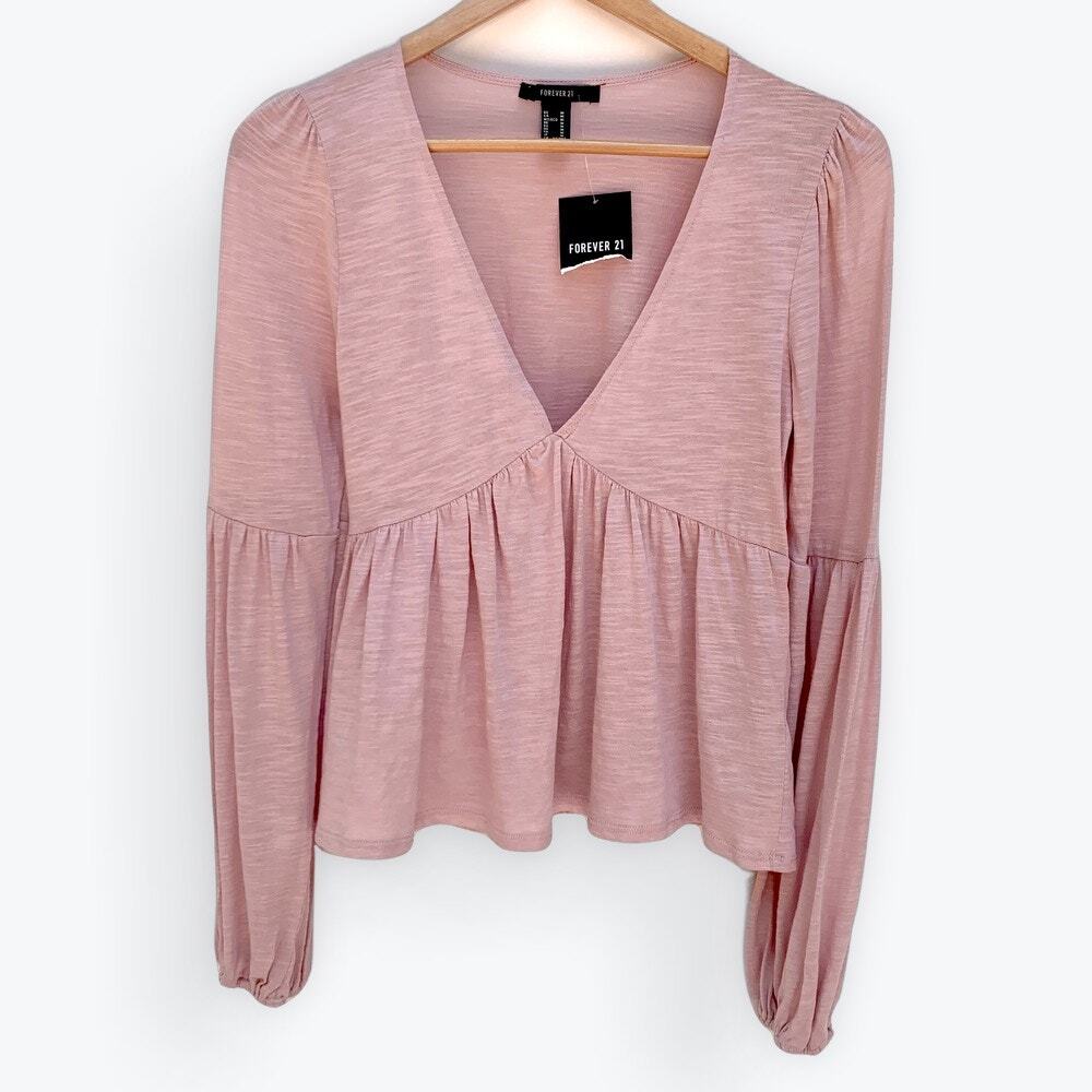 FOREVER 21 | Y2K Petal Pink Long Sleeve Babydoll Top Ruffle Hem | Size M